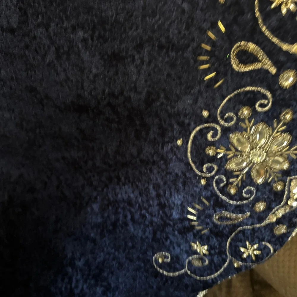 Vintage Christmas Tree Skirt Navy Blue Crushed Velvet Gold Beaded Snowflake
